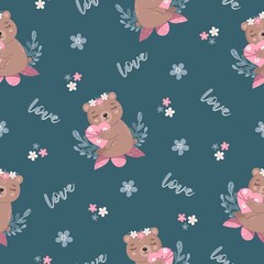 Seamless pattern with cute bears, flowers, hearts and words Love. Vector illustration in hand drawn flat style.