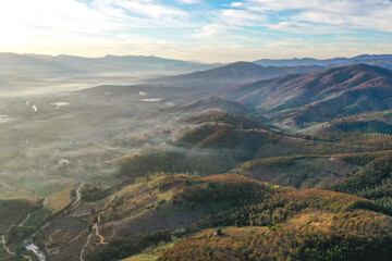 Ban Bon Na Viewpoint at sunrise with fog above Mae Chaem, Doi Inthanon national park, Chiang Mai, Thailand