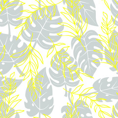 Fototapeta na wymiar tropical background of monsters and palm leaves vector seamless pattern