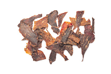 Beef jerky meat. Dried sliced meat isolated on white background.