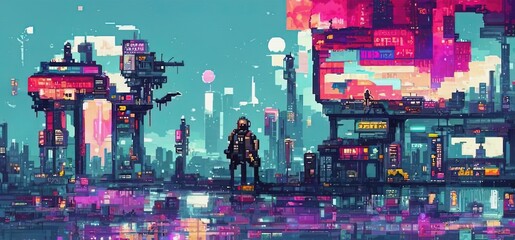 Cyberpunk city night. Retro futuristic pixel art composition. Future cityscape in a style of 80's. Urban wallpaper. 3D illustration.
