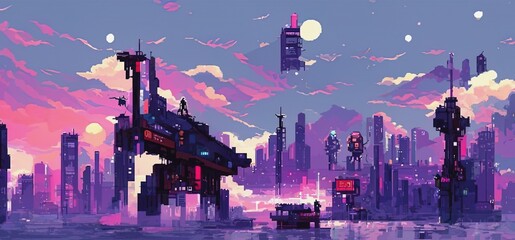 Cyberpunk city night. Retro futuristic pixel art composition. Future cityscape in a style of 80's. Urban wallpaper. 3D illustration. - obrazy, fototapety, plakaty