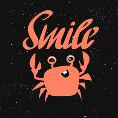 Vector marine themed hand drawn coral cartoon crab with smile on the black vintage background. Child Illustration.