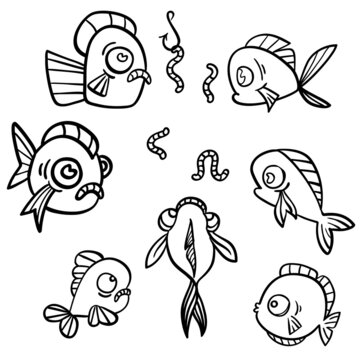 Hand drawn funny fishes in line sketch style, vector illustration, decorative marine with bubble and worms.