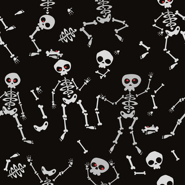Funny skeletons in different poses seamless pattern for halloween design. On the dark background. Vector illustration.