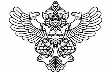 Garuda. Vector line art illustration. Garuda is a Hindu demigod and divine creature mentioned in the Hindu, Buddhist and Jain faiths.