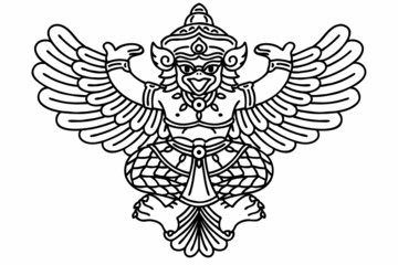 Garuda. Vector line art illustration. Garuda is a Hindu demigod and divine creature mentioned in the Hindu, Buddhist and Jain faiths.