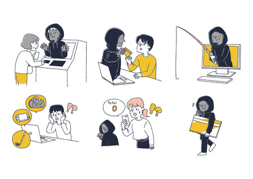 いろいろな詐欺師の手口に関するイラスト　コミカルな手書きの人物　ベクター、温かみのある線画