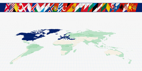 Map of the world with the members of the North Atlantic Alliance. A set of flags of the Alliance members with a fluttering effect.