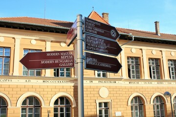 Street signs and landmarks table in Pecs - Hungary
