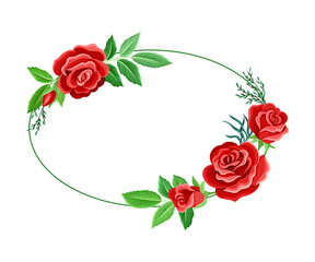 Oval Rose Frame with Red Lush Bud and Green Leaves Arranged in Shape with Border Vector Illustration