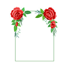 Rectangular Rose Frame with Red Lush Bud and Green Leaves Arranged in Shape with Border Vector Illustration