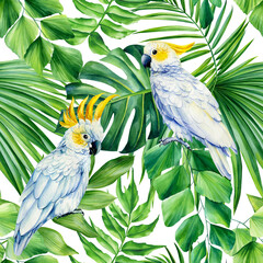 Tropical seamless pattern. Cockatoo bird and palm leaves on white background. Wild design