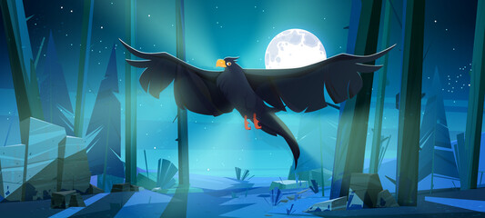 Black raven flying in coniferous forest at night. Vector cartoon illustration of woods landscape with wild crow with spread wings, pines, stones, grass and full moon in sky © klyaksun