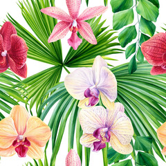 Seamless pattern. Tropical orchid flowers and palm green leaves on white background. 