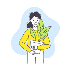 Saving Ecology with Young Woman with Flowerpot Caring about Green Planet and Nature Vector Illustration