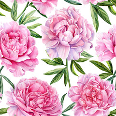 Peonies, bouquet of summer flowers, watercolor illustration, floral background, Seamless pattern 