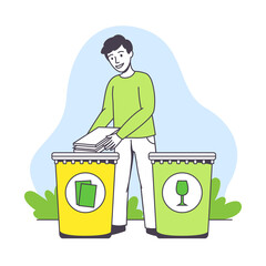 Saving Ecology with Young Man Putting Garbage in Recycling Bin Caring about Green Planet and Nature Vector Illustration