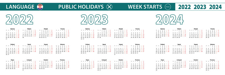 Simple calendar template in Croatian for 2022, 2023, 2024 years. Week starts from Monday.