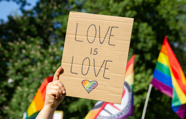Woman holding placard sign Love is Love with rainbow flag heart, symbol of LGBT community. Pride...