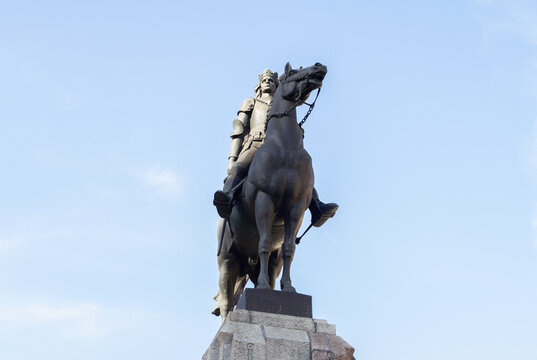 Grunwald Monument (Pomnik Grunwaldzki) at Jan Matejko Square (Plac Jana Matejki) in Kraków. Equestrian statue of Polish King Władysław II Jagiełło on May 29, 2022 in Krakow, Poland.