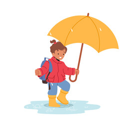 Cheerful Smiling Child with Umbrella and Rucksack Walk by Puddles at Autumn or Spring Rainy Weather. Happy Little Girl