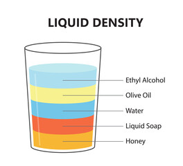 Liquid density scientific experiment concept. Separate fluid layers. Laboratory experiment with density of oil, water, honey, soap and alcohol. Different types of liquid in glass. Vector illustration. - obrazy, fototapety, plakaty