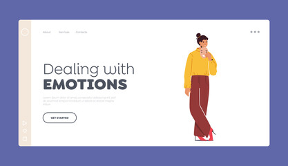 Sad Female Character Hide Real Emotions Under Smiling Mask Landing Page Template. Woman Put on Cheerful Mask