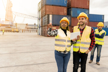 coworkers at the port of cargo transportation inventory, preparing for the next shipment