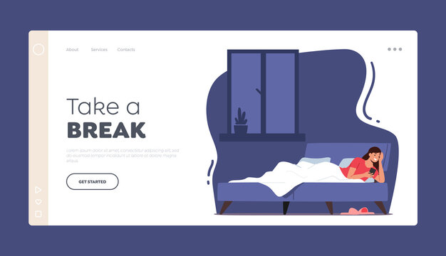Take a Break Landing Page Template. Young Woman Lying in Bed with Smartphone, Reading Message, Chatting with Friend
