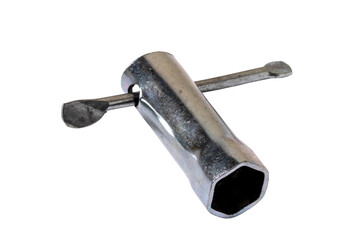Craftsman tools isolated. Close-up of a hexagonal metal socket spanner for tightening or loosening...