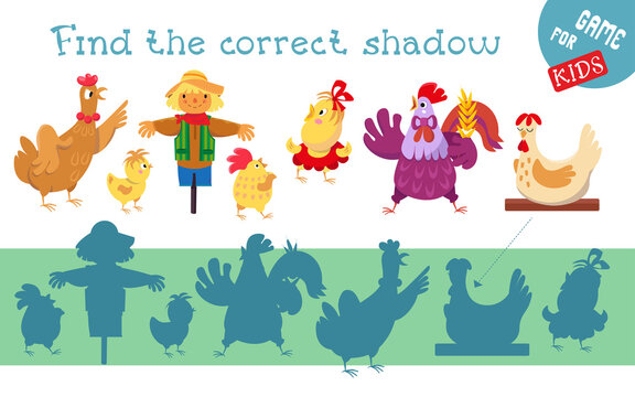 Find correct shadow. Game for children. Activity, vector illustration. Family of chickens with rooster, chicks and farm scarecrow.