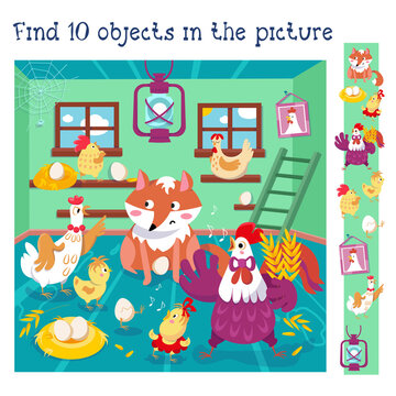 Find 10 hidden objects. Educational game for children. Funny family of rooster and hen with fox in chicken coop. Vector color illustration.