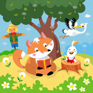 Fox read book, chicken blow on dandelion. Vector color illustration. Picture for design of posters, books, puzzles. 