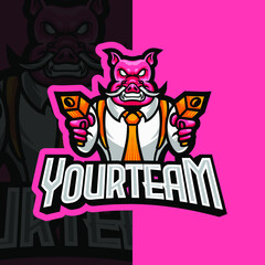 Crazy Pig, Wild Boar E-Sport Mascot Logo Design, Mascot, and Emblem Template Isolated Vector. Illustration Logo. Suitable for Game, Streamer, and E-Sport Team.