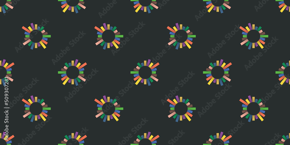 Poster dark abstract geometric background design, many colorful rectangles around and protruding from rings