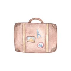 Watercolor brown baggage. Travel bag. High quality illustration