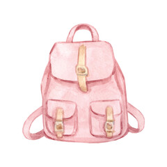 Watercolor pink touristic backpack. High quality illustration