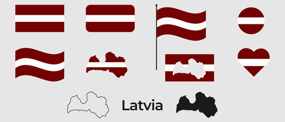Flag of Latvia. Silhouette of Latvia. National symbol. Square, round and heart shape. The symbol of the Latvia flag. - obrazy, fototapety, plakaty