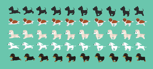 Dog Rottweiler Saluki Standard Poodle Great Dane Saint Bernard Walking Running Cartoon Vector Set