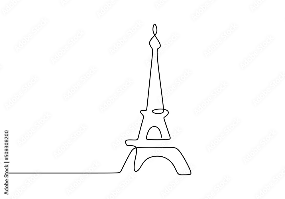 Poster one continuous single line of famous building like eiffel tower isolated on white background.
