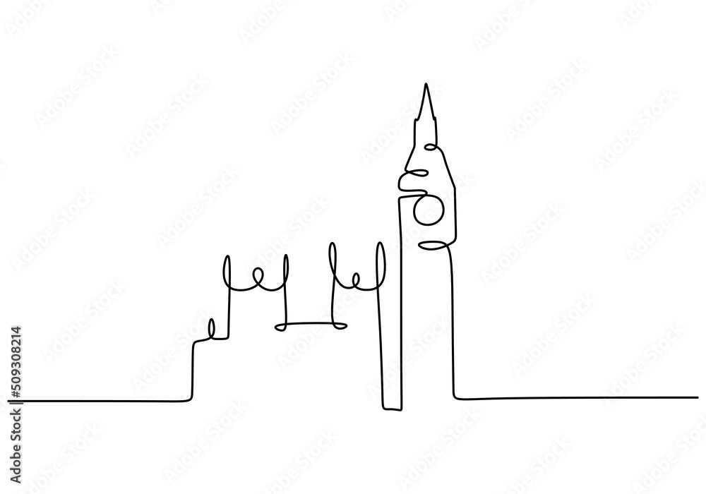 Poster one continuous single line of famous building like elizabeth tower isolated on white background.