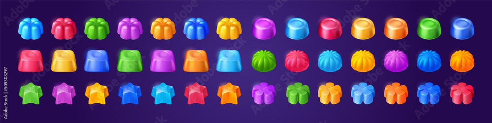 Poster jelly candies, game icons or ui buttons set. funny cartoon assets for app design. isolated colorful 