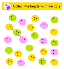 Puzzle game. Logical thinking training. Collect the beads with five dots. Isolated vector illustration.