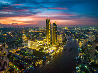 Fototapeta premium Aerial view of Icon Siam water front building in downtown Bangkok, Thailand