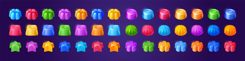 Jelly candies, game icons or ui buttons set. Funny cartoon assets for app design. Isolated colorful glossy sweets, gui graphic elements for user panel settings or menu interface 3d vector illustration - obrazy, fototapety, plakaty