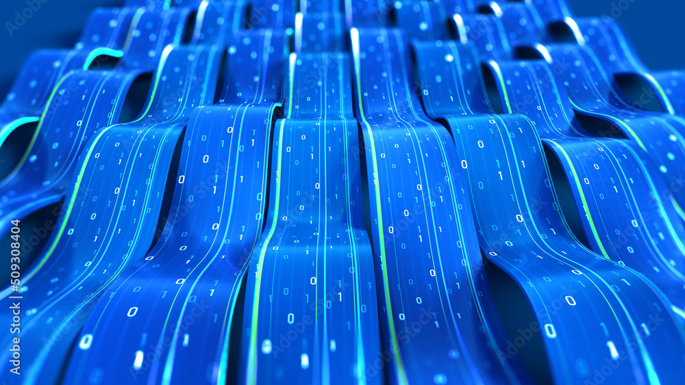 Aufkleber Big Data Cyber Strings. 3D illustration of wavy lines in information code field. Data flow cyber concept. Coding and technology