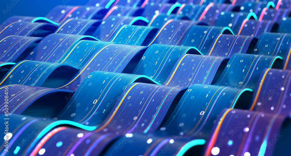 Fototapete Big Data Cyber Strings. 3D illustration of wavy lines in information code field. Data flow cyber concept. Coding and technology