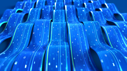 Fototapeta premium Big Data Cyber Strings. 3D illustration of wavy lines in information code field. Data flow cyber concept. Coding and technology