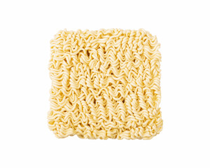 Dry instant noodles isolated on a white background. Ramen noodles top view.